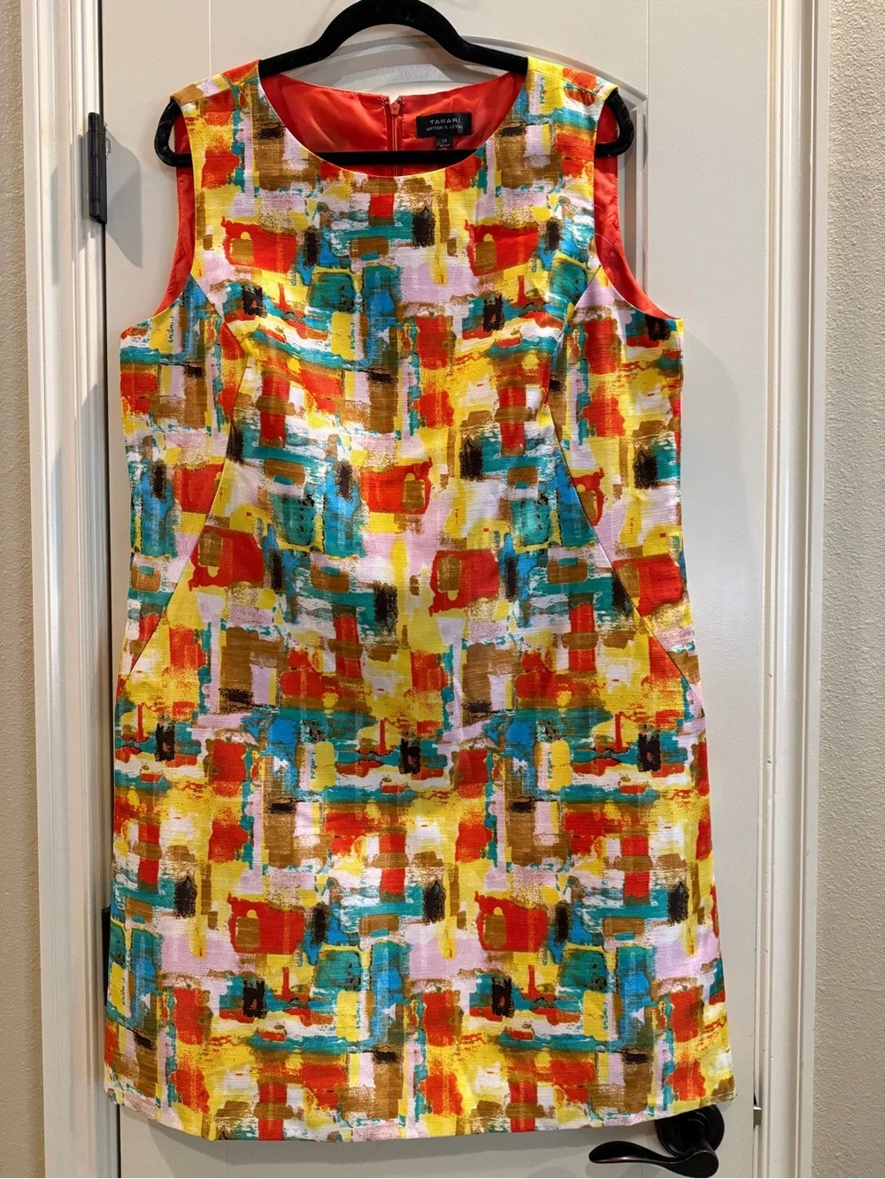 Tahari ASL Multicolor Abstract Watercolor Print Mini Dress Womens 14 - Picture 3 of 8